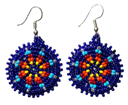 Blue Mandala Beaded Earrings – Handmade Czech Seed Bead Round Dangle Earrings | BeadsCorner