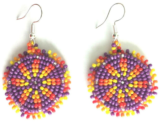 Handmade beaded native style Purple round dangle hook earrings