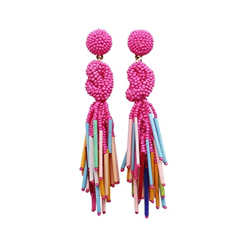 Handmade Beaded Solid Color Post Statement Earrings for Women (Fuschia Multi)