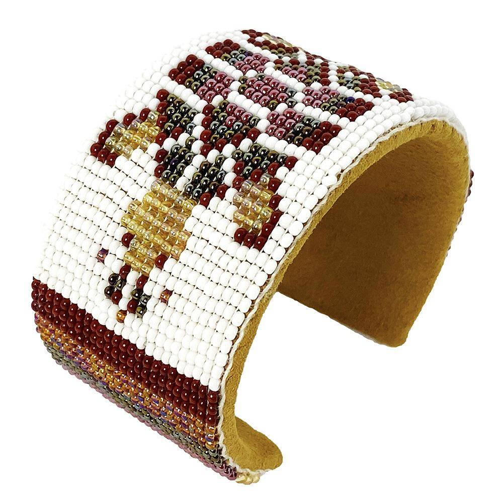Brown White Turtle Seed Beaded Bracelet - Adjustable Hard Cuff, Wide Suede Leather, Lightweight and Comfortable
