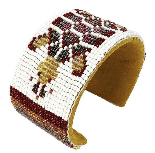Brown White Turtle Seed Beaded Bracelet - Adjustable Hard Cuff, Wide Suede Leather, Lightweight and Comfortable
