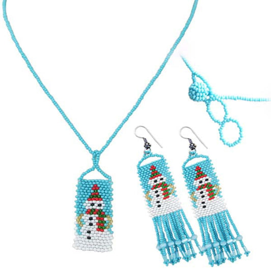 Handmade Beaded Christmas Snowman Long Necklace Earrings Set