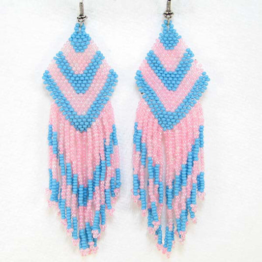 Handmade Beaded Blue Pink Seed Bead Earrings