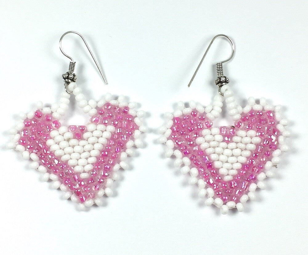 Handmade Beaded Pink White Seed Bead Heart Shape Earrings