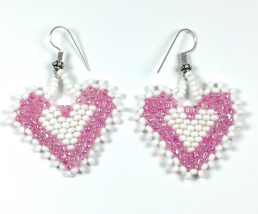 Handmade Beaded Pink White Seed Bead Heart Shape Earrings