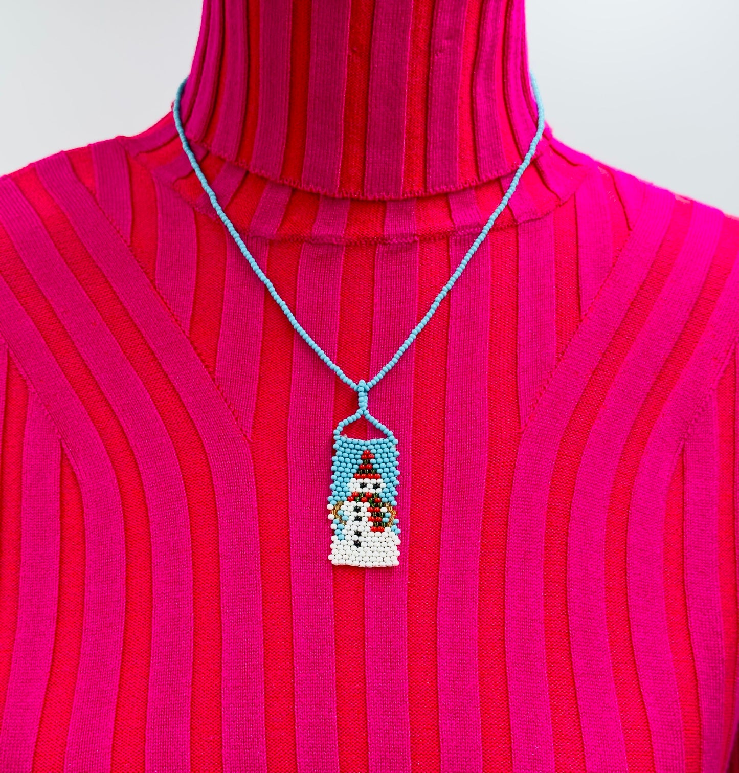 Handmade Beaded Christmas Snowman Long Necklace Earrings Set