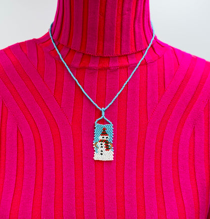 Handmade Beaded Christmas Snowman Long Necklace Earrings Set