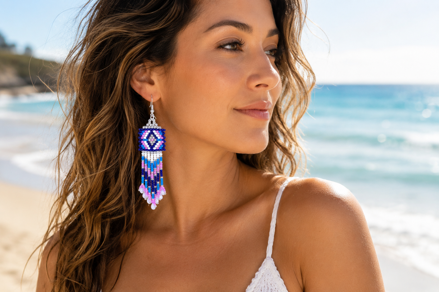 BeadsCorner Handmade Czech Seed Bead Fringe Earrings – Native Inspired Blue, Pink & White Dangle Earrings for Women, 3 Inch