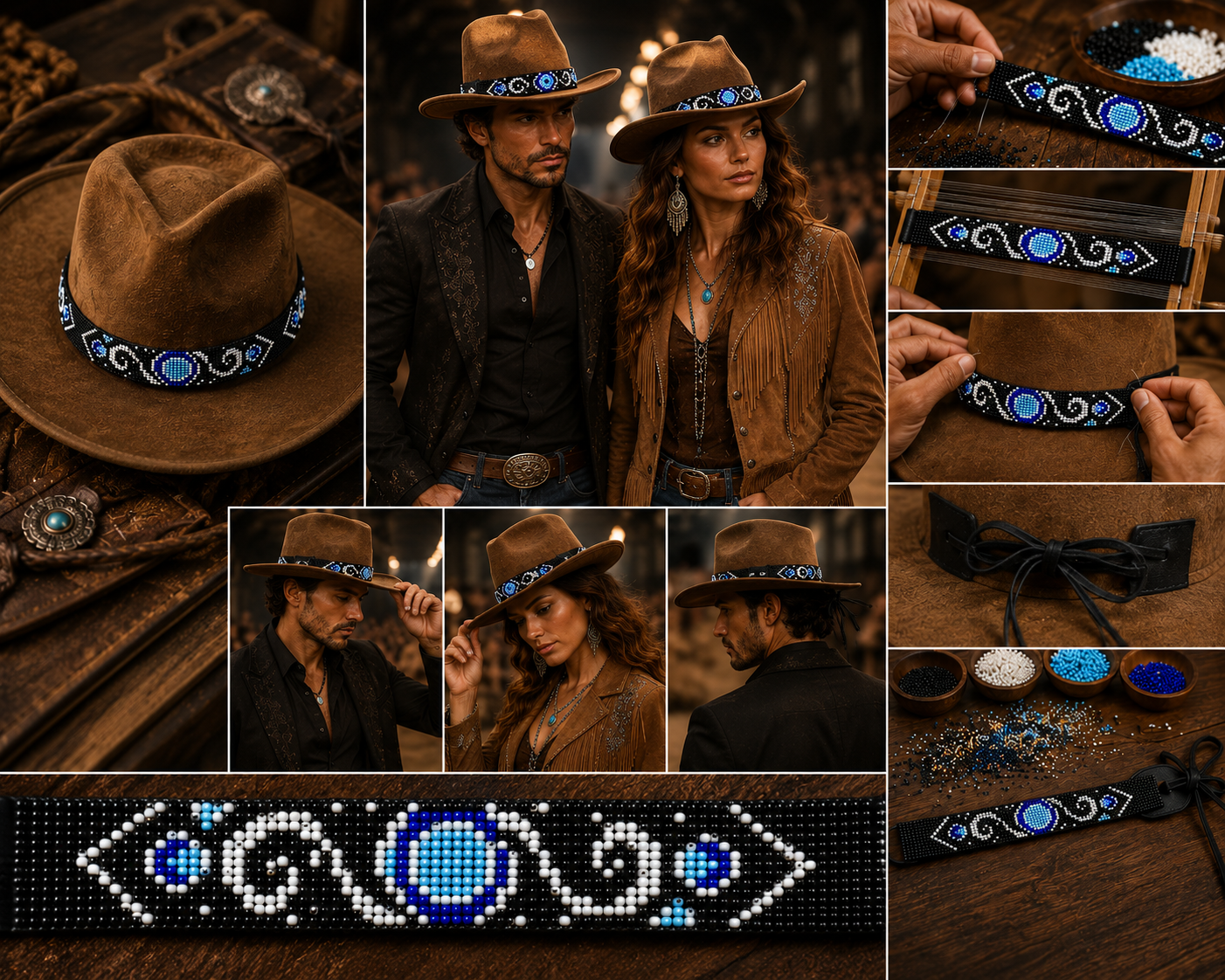 Handmade beaded Black Cyan Blue Cowboy Rhodeo style Hatband
