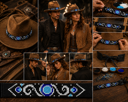 Handmade beaded Black Cyan Blue Cowboy Rhodeo style Hatband