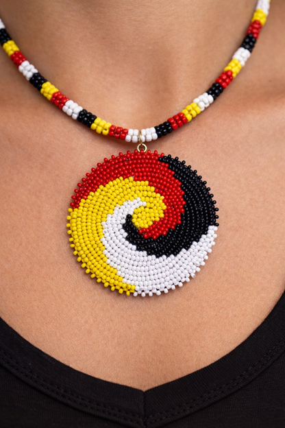 Handcrafted Czech Beaded Rosette – 2.5” Spiral Design in Red, Yellow, Black & White