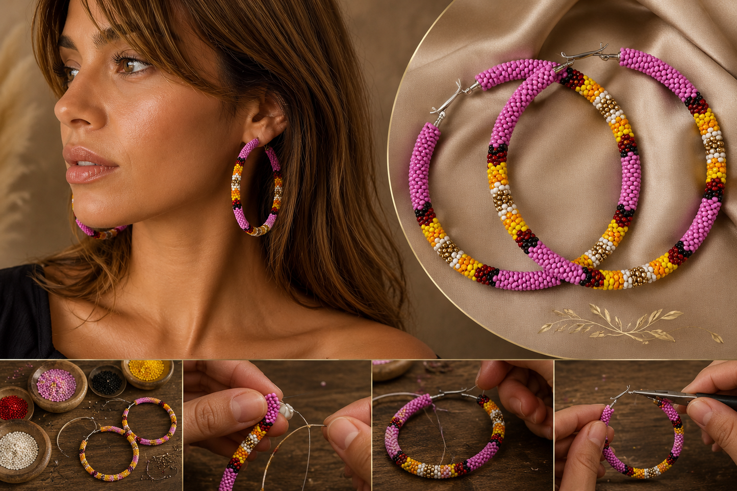 Handmade Native Style 3 Inch Hoop Earrings with Czech Seed Beads - Pink