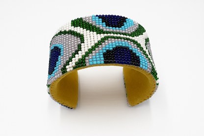 Handmade Beaded Cuff Bracelet – 1.5” Wide, Peacock Feather adjustable