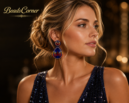 Handmade Beaded Teardrop Post Earrings with Czech Seed Beads - 3 Inches Long, 1.5 Inch Wide - Deep Blue