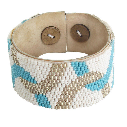 Handmade White Grey Beaded Leather Soft Cuff Bracelet | Adjustable Length | Lightweight and Stylish