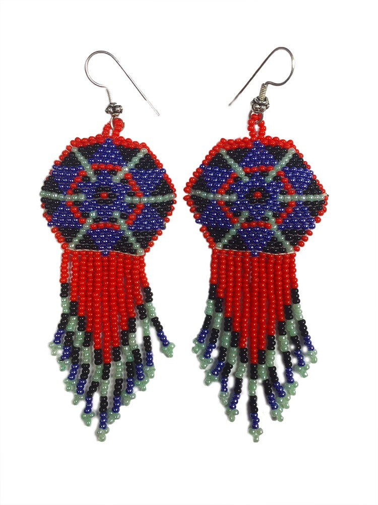 Handmade Beaded Red Blue Seed Bead Big Earrings