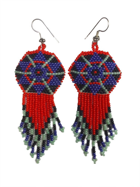 Handmade Beaded Red Blue Seed Bead Big Earrings