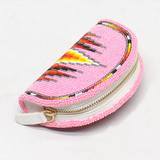 Hand Beaded Native American Inspired Ethnic Style Seed Bead Coin Purse - Pink Orange