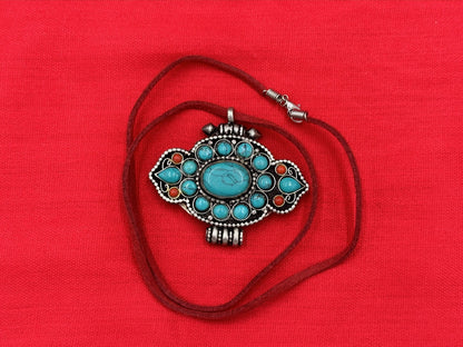 Handmade Ethnic Tibetan Amulet/Gau Box Pill Holder Pendant with Engraved Turquoise Stone
