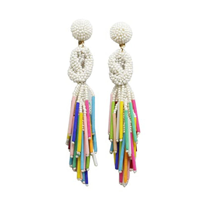 Handmade Beaded Solid Color Post Statement Earrings Women (White Pearl Multi)