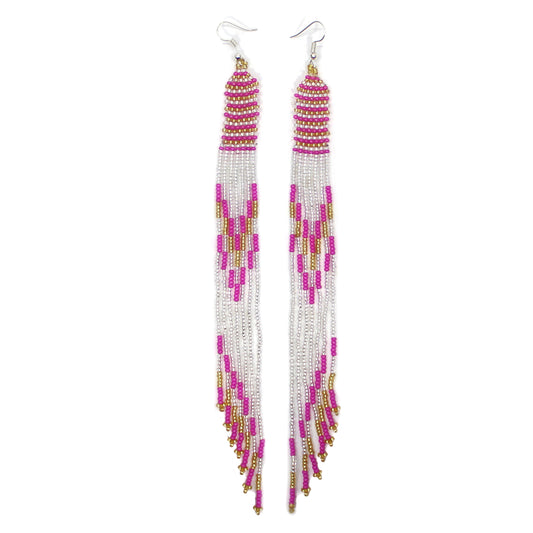 Handmade beaded Silver Pink Extra long earrings