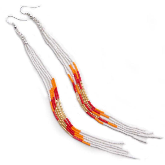 White Orange Glass Seed Beads Beaded Extra Long Earrings 7.5 Inch