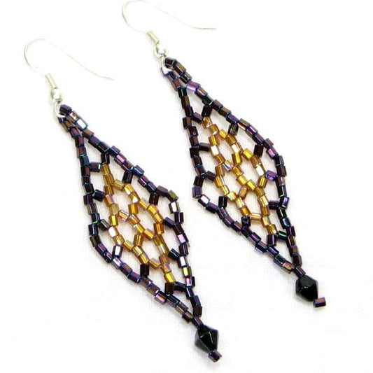 Handmade Beaded Iris Black Brown Cut Seed Bead Big Earrings