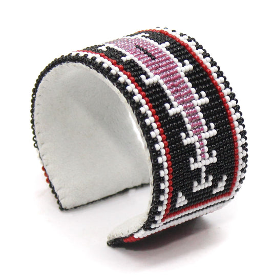Handmade Beaded Black Pink Leather Hard Cuff Bracelet | Adjustable 1.5" Wide | Suede Back