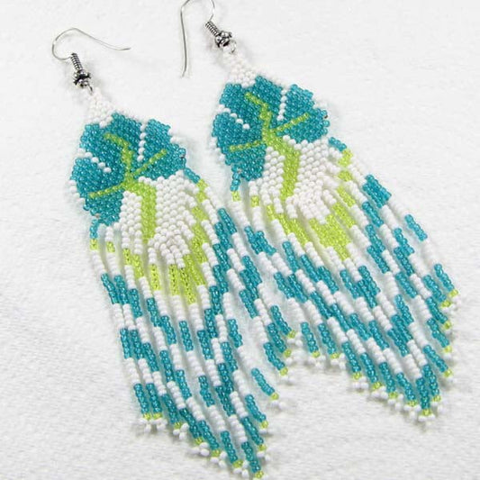 Sea Green White Beaded Flower Earrings