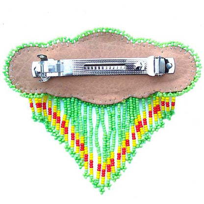 Beaded Barrette French Clip Yellow Green Rossette Fringe Beadwork