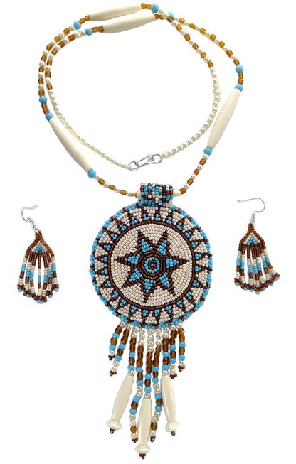 White Turquoise Seed Bead Long Star Medallion Necklace Earrings Set