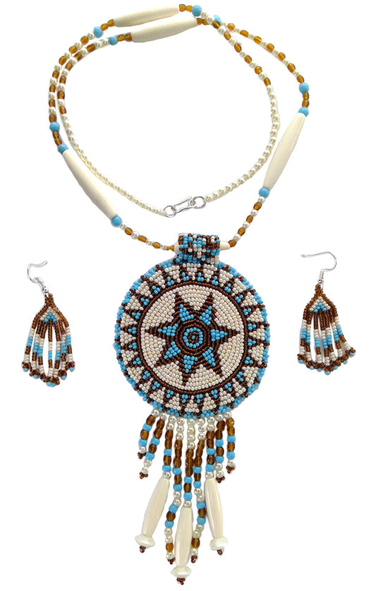 White Turquoise Seed Bead Long Star Medallion Necklace Earrings Set
