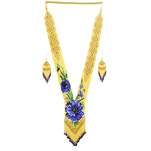 Native Tribal Style Long Statement Beaded Necklace for Women Y Shape - Yellow Flower