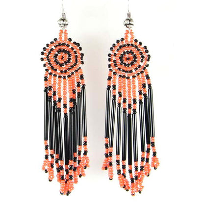 Handmade Beaded Dark Orange Opaque Black Seed Bead Earrings