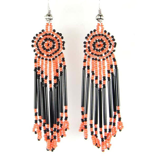 Handmade Beaded Dark Orange Opaque Black Seed Bead Earrings