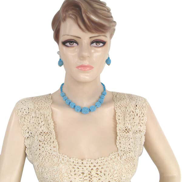 Handmade Beaded Ball Turquoise Blue Statement Necklace Earrings Set