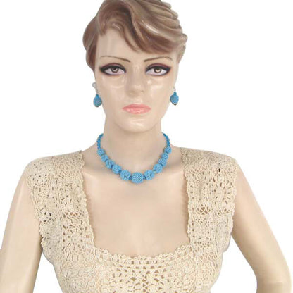 Handmade Beaded Ball Turquoise Blue Statement Necklace Earrings Set