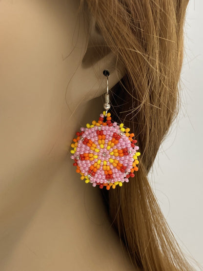 Handmade Beaded Cute Round Pink Earrings