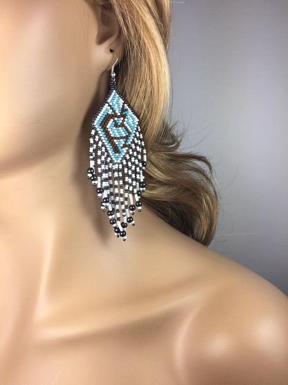 Turquoise Blue Kokopelli Seed Bead Chandelier Earrings
