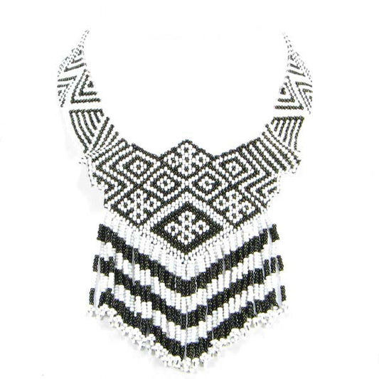 Handmade Beaded Black White Seed Bead Geometric Art Necklace