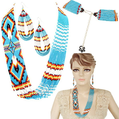 Handmade Beaded Turquoise Blue Feather Design Layered Set