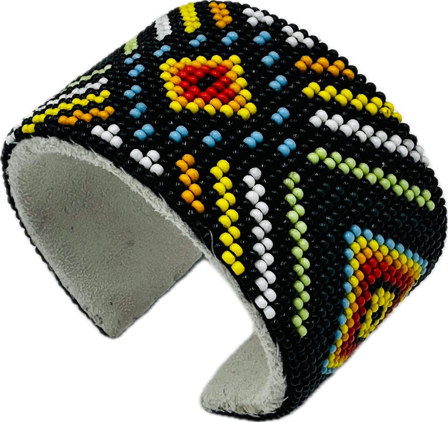 Handmade beaded Black Multicolored leather cuff bracelet