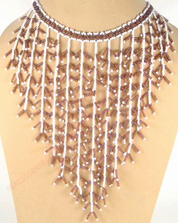 Brown White Seed Beaded Frost Beadwork Bib Necklace Jewelry