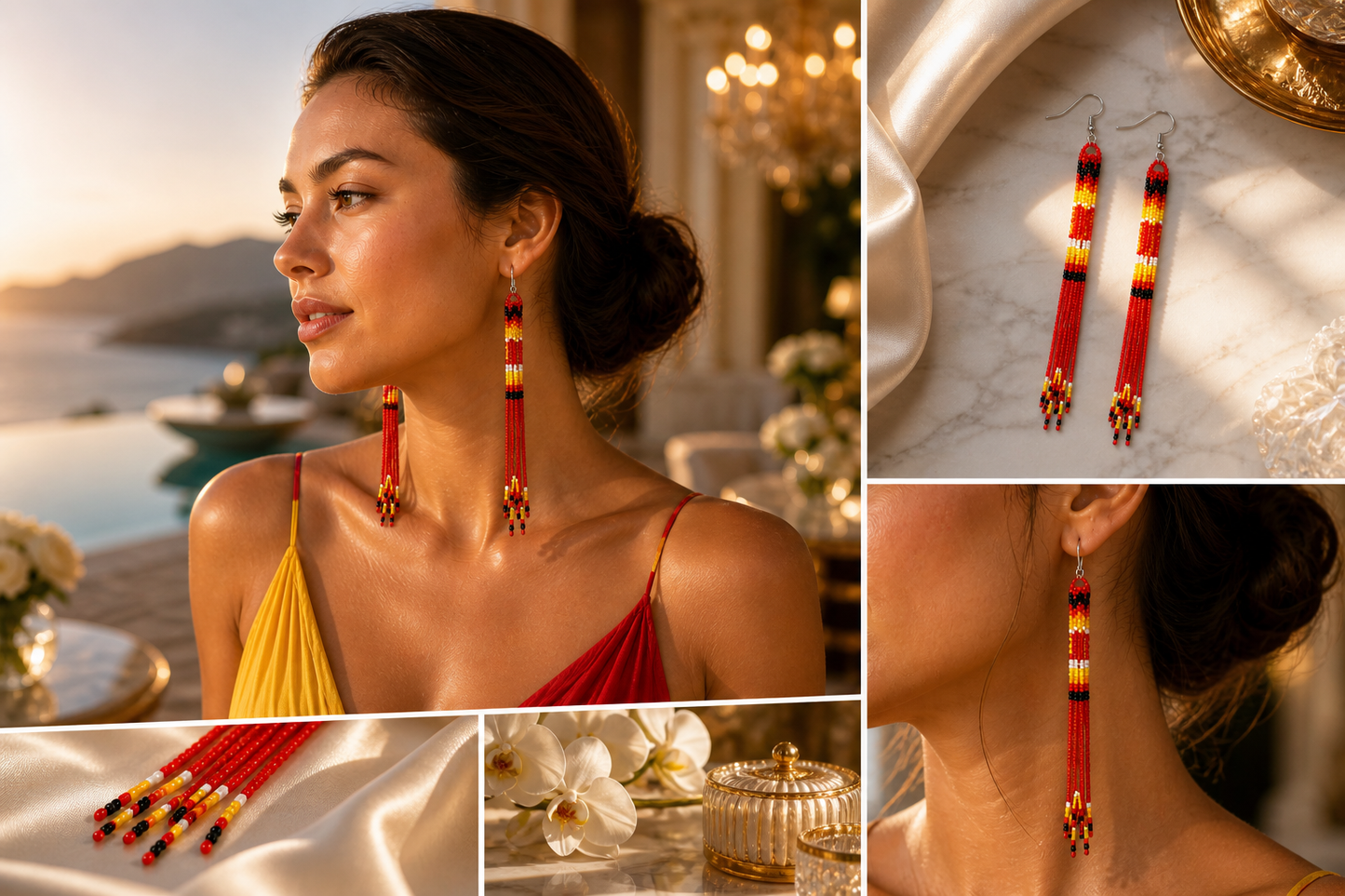 Handmade Beaded Earrings 5 Inch Long - Red