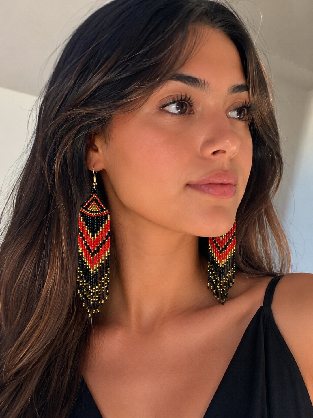 Handmade Beaded Red Black Long Dangle Fashion Earrings 4 inch | Geometric Design Pattern