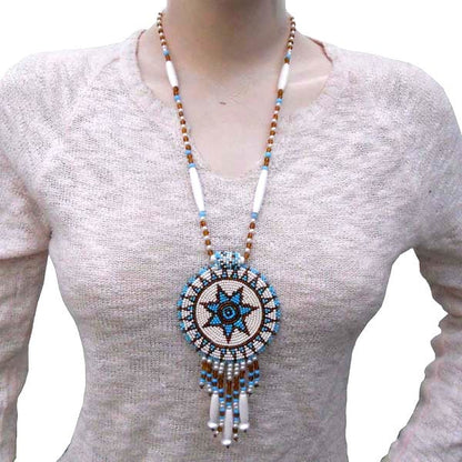White Turquoise Seed Bead Long Star Medallion Necklace Earrings Set