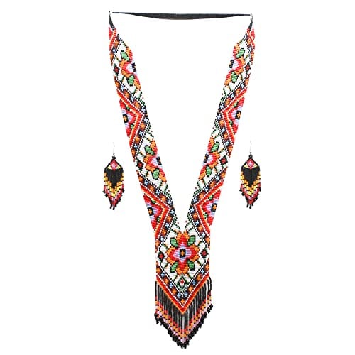 Native Tribal Style Long Statement Beaded Necklace for Women Y Shape - Red Orange Southwest