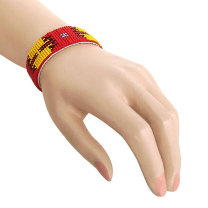 Adjustable Handmade Red Yellow Seed Soft Leather Cuff Bracelet - 7.5 inch Length, 0.9 inch Width