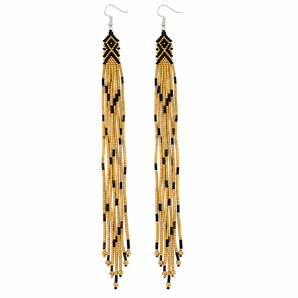 Long Gold & Black Beaded Fringe Earrings – Geometric, 8-Inch Statement Dangles
