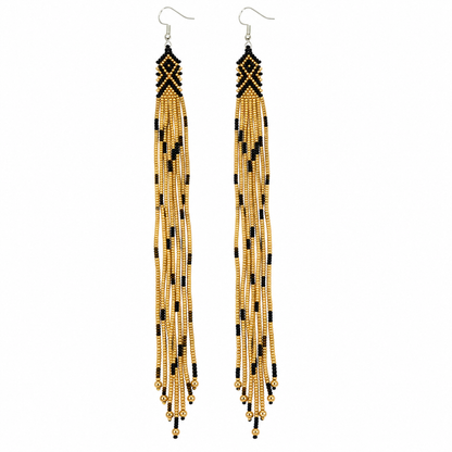 Long Gold & Black Beaded Fringe Earrings – Geometric, 8-Inch Statement Dangles